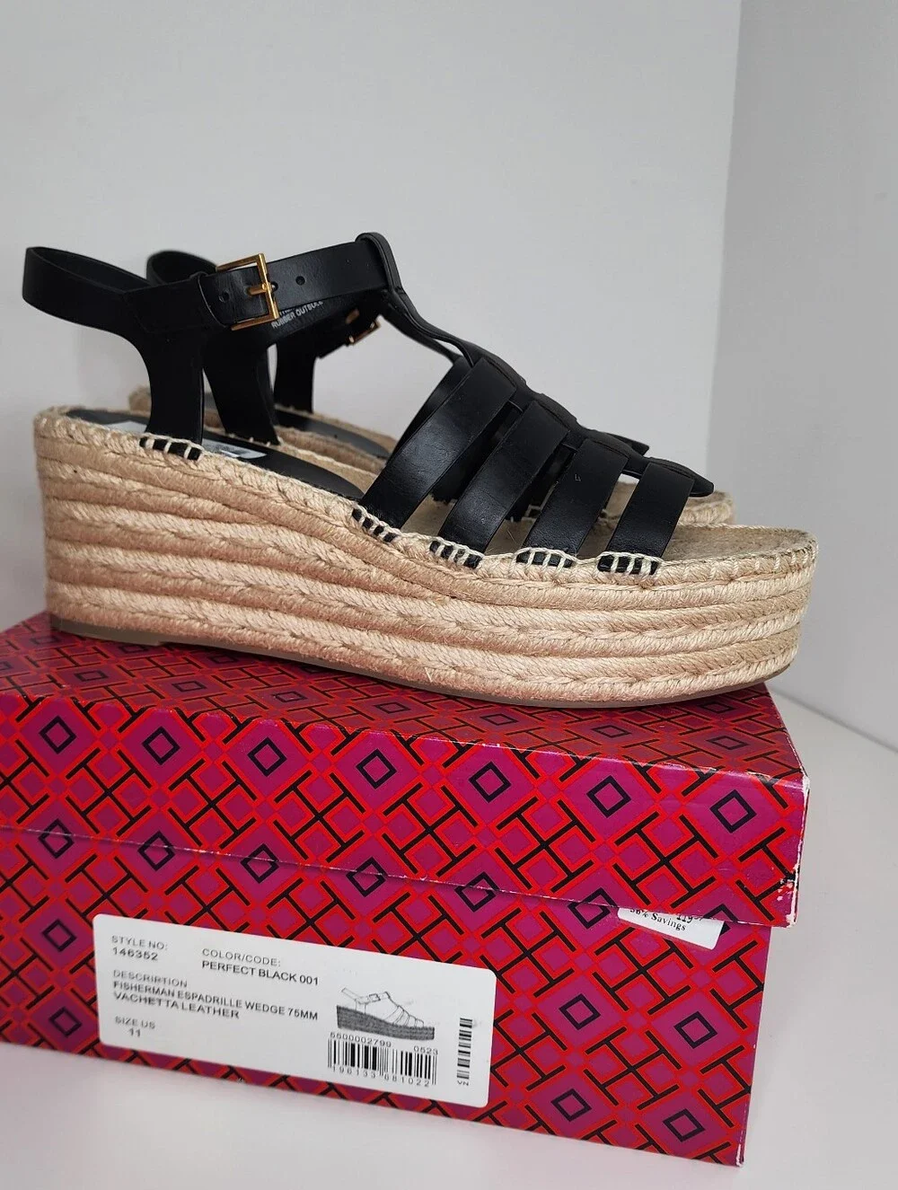 Tory Burch Fisherman Black Leather Espadrille Womens Wedge Sandals Size 11